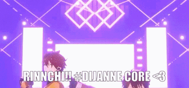 two anime characters are standing in front of a purple background with the words rinnchi #dianne core < 3