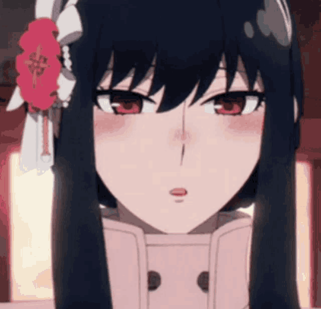 a girl with long black hair and red eyes is wearing a pink coat and a flower in her hair .