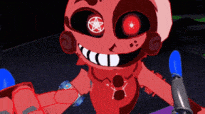 a red cartoon character with a pentagram in his eye