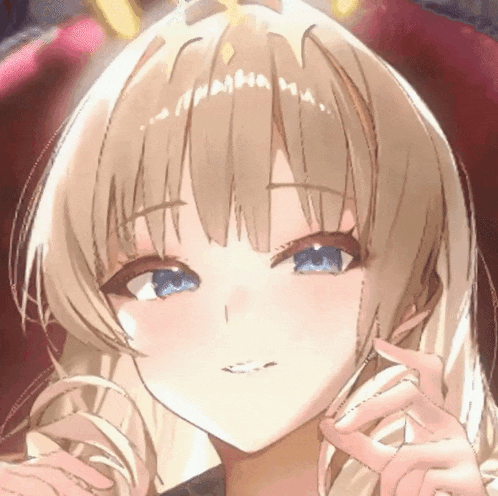 a close up of a blonde anime girl with blue eyes and a crown on her head