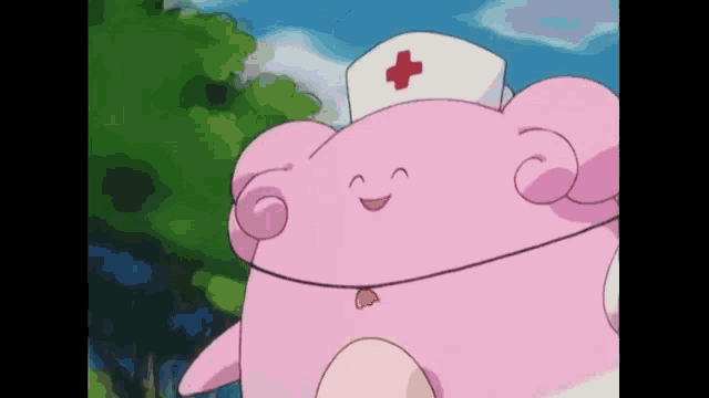 a pink cartoon character wearing a nurse 's hat is smiling .