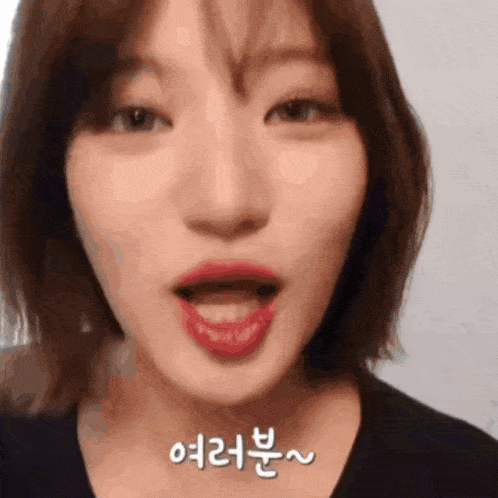 a close up of a woman 's face with korean writing on the bottom right