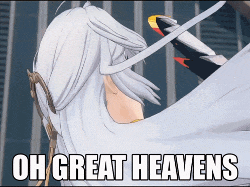 a cartoon of a woman with white hair and the words oh great heavens below her