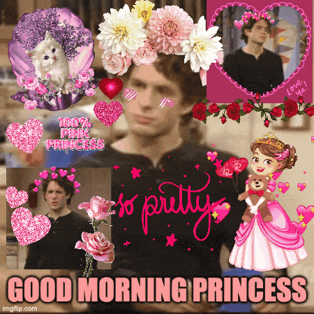 a man wearing a flower crown is surrounded by pink hearts and the words good morning princess