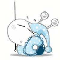 a cartoon worm is sleeping on a pillow and wearing a nightcap .