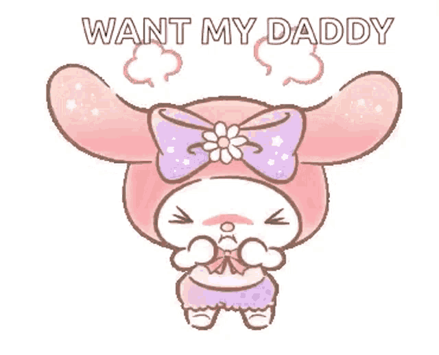 a cartoon character with a bow on her head and the words `` want my daddy '' written on it .