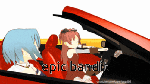 a cartoon of a girl driving a red car with the words epic bandit