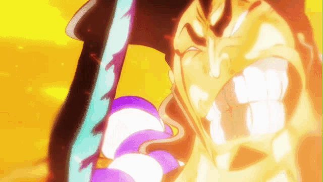 a close up of a cartoon character 's face with a sword