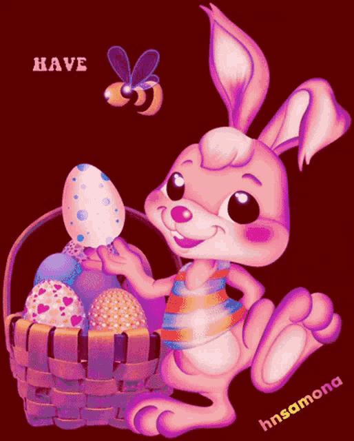 a pink bunny holding an easter egg next to a basket full of easter eggs