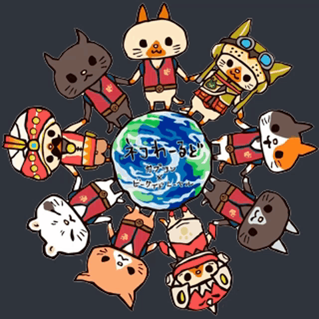 a group of cartoon cats holding hands around a globe with chinese writing on it