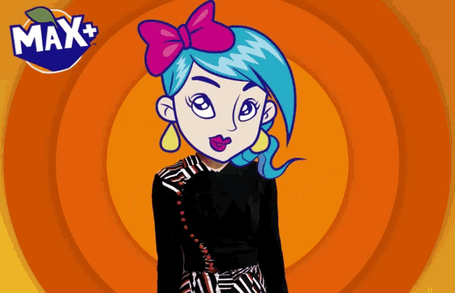 a cartoon girl with blue hair and a pink bow stands in front of a max+ logo