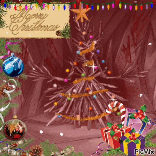 a picture of a merry christmas card with a christmas tree