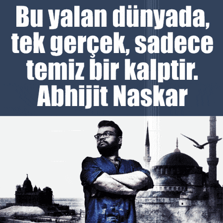 a man with his arms crossed stands in front of a mosque with a quote by abhijit naskar