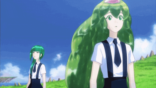 two anime characters with green hair are standing in the grass