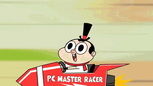 a cartoon character is riding a rocket that says pc master racer on it