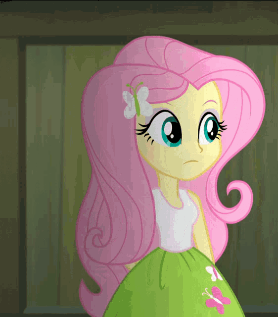 a cartoon girl with pink hair and a white flower in her hair