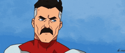 a cartoon drawing of a man with a mustache and a blue sky