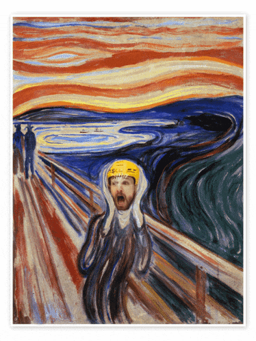 a painting of a man screaming with a helmet on that says stihl