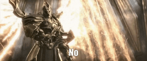 a statue of a knight in armor is standing in front of a fire and says `` no '' .