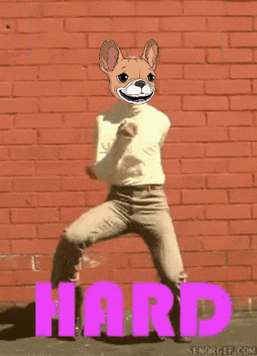a man with a dog 's head is dancing in front of a brick wall with the word party above him