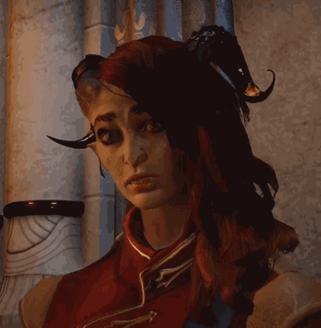 a woman with red hair and horns on her head looks at the camera