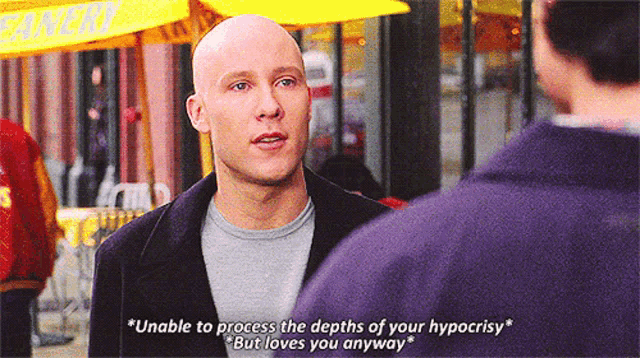 a bald man talking to another man with the words unable to process the depths of your hypocrisy