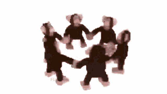a group of stuffed monkeys are dancing in a circle holding hands