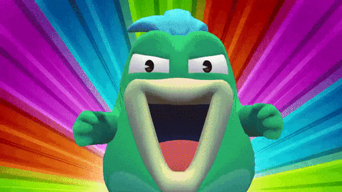 a cartoon character with a rainbow background has a big mouth