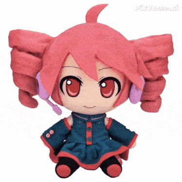 a stuffed doll with pink hair and headphones has pixverse ai written on the bottom