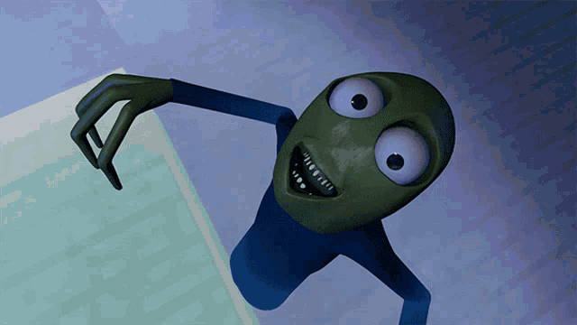 a cartoon character with a green head and blue arms is smiling
