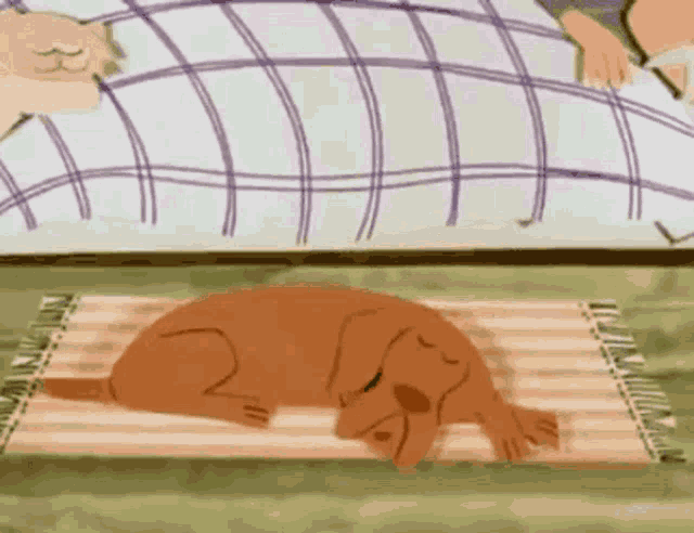 a cartoon of a dog sleeping on a rug