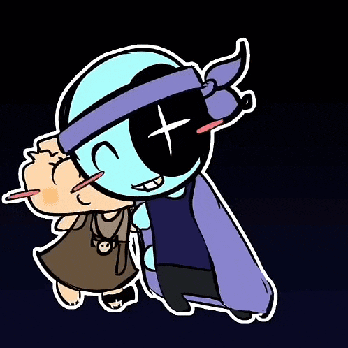 a cartoon character with a cross on his head is hugging another character .