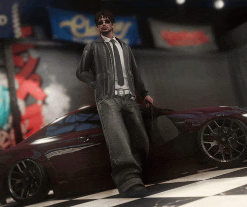a man in a suit and tie is standing next to a car