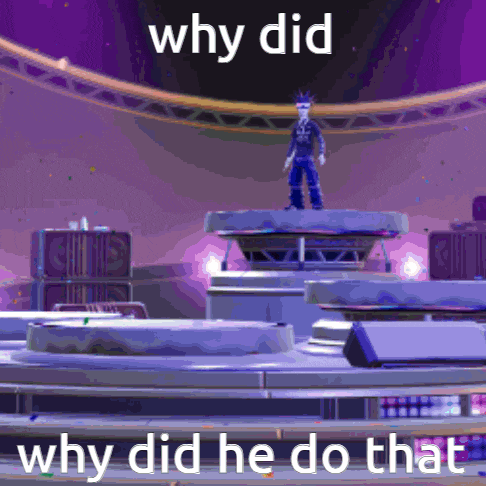 a man standing on top of a stage with the words " why did he do that " above him
