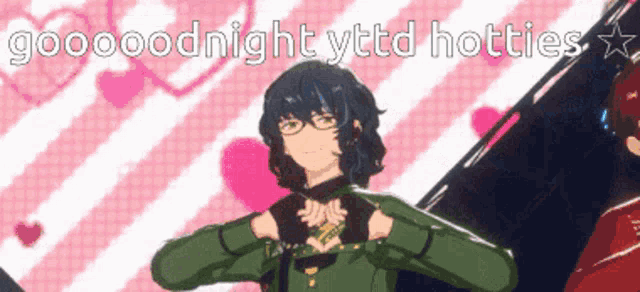 a cartoon of a boy making a heart shape with his hands and the words goodnight yttd hotties