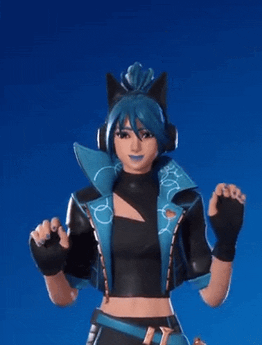 a girl with blue hair and black ears is wearing headphones and a blue jacket .