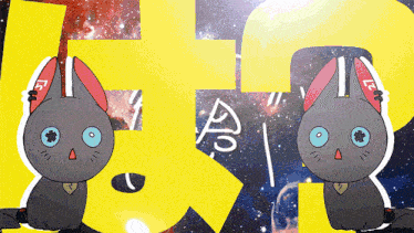 a cartoon cat with blue eyes is sitting in front of a yellow number