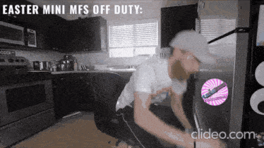 a man in a kitchen with the words easter mini mfs off duty below him