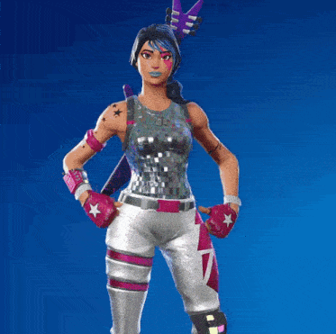 a video game character holding a guitar with the number 7 on her pants