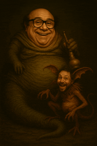 a painting of a man with glasses holding a hookah and a gremlin