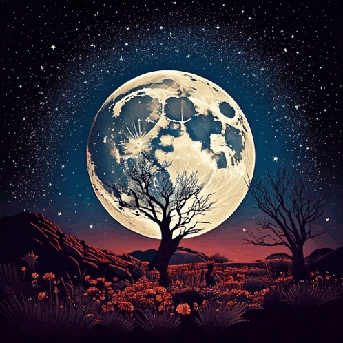 a painting of a full moon with trees in the foreground