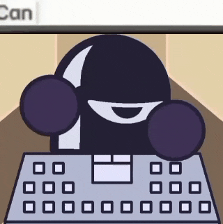a cartoon character is sitting at a keyboard with the word can on the top