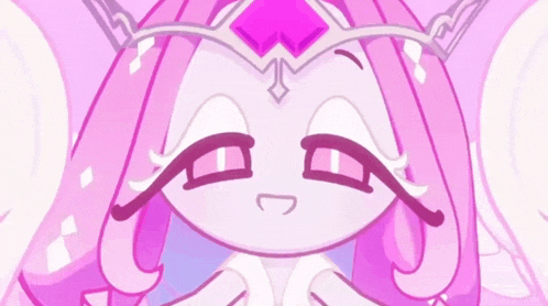 a close up of a cartoon character with pink hair and a crown .