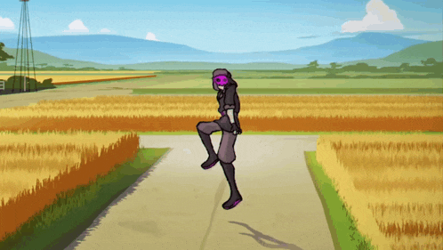 a cartoon drawing of a person standing on one leg in front of a field