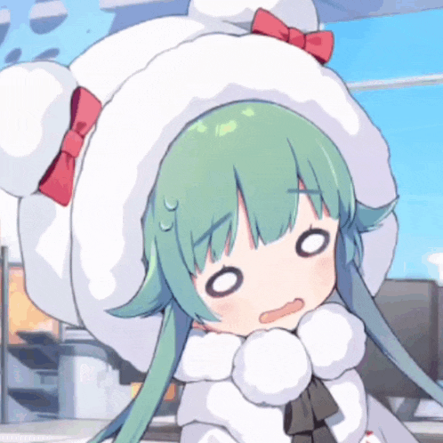 a cartoon character with green hair and a white hat