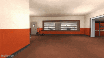 a computer generated image of a room with orange walls and red floors