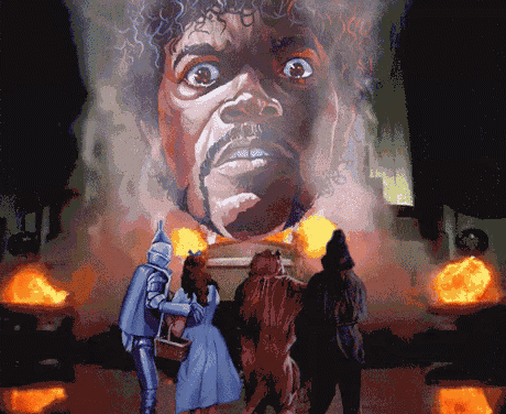 a painting of a man 's face is projected on a wall behind a group of people
