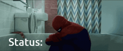 a person in a spiderman costume is sitting in a bathtub with the words status written on the bottom