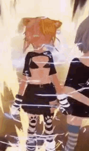 two anime girls are standing next to each other in a video game . one of the girls is wearing a bikini top .