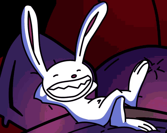 a cartoon of a rabbit laying on a bed
